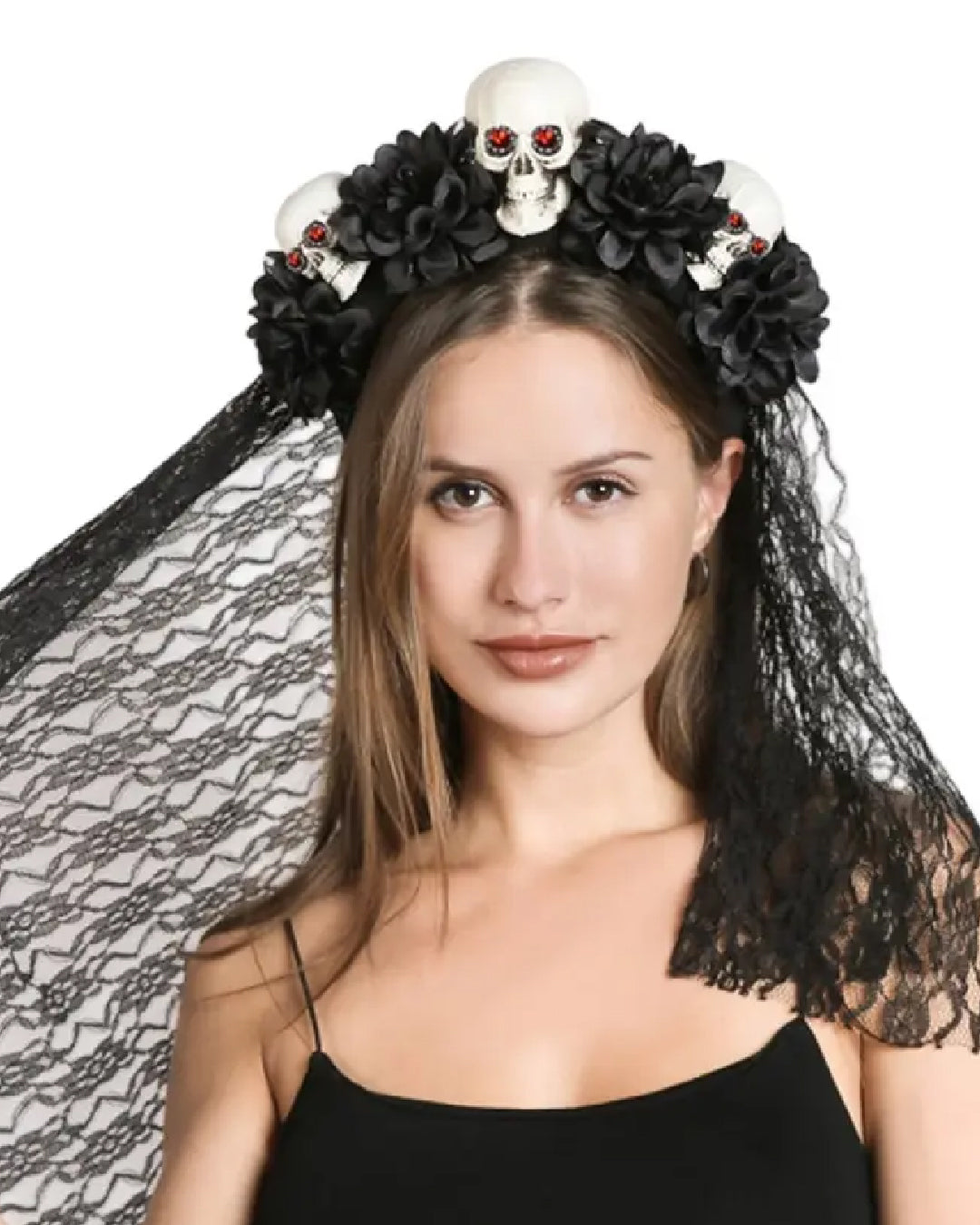 DIADEMA CATRINA CON VELO Y CALAVERAS HW-18