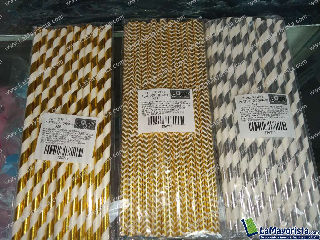 Pitillo papel plateado dorado x 25 unidades