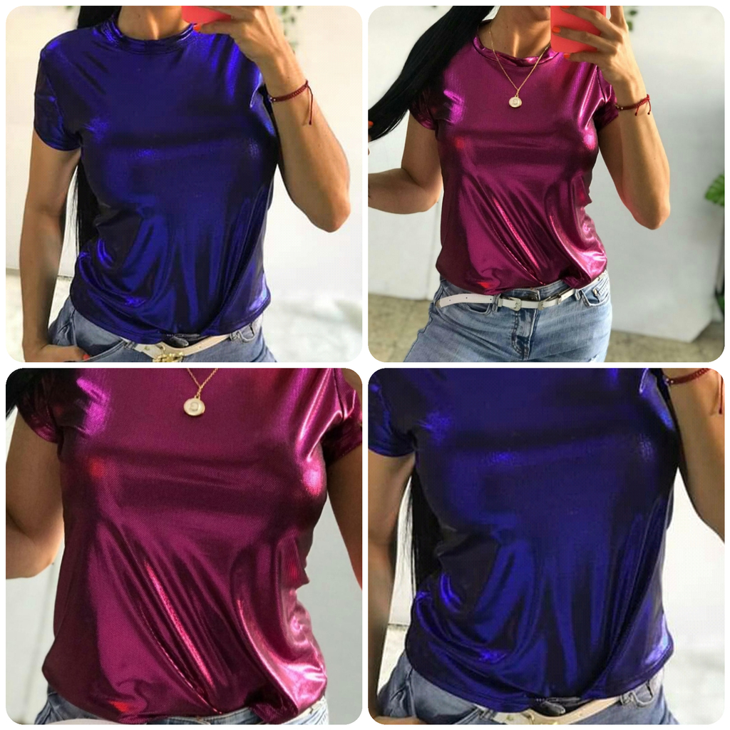 Camiseta dama en tela brillante