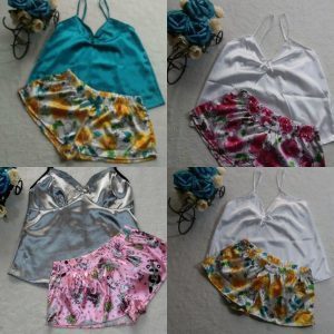 Conjunto pijama en shorts satín estampada para dama