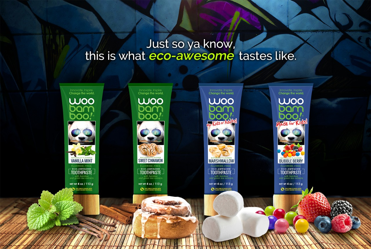 CREMA DENTALES WOOBAMBOO LIBRE DE FLOÚR Y CON EXTRACTOS DE BAMBU Y TE VERDE. SABORES VAINILLA MENTA, MORA AZUL, SWEET CINNAMON  MARSHMALLOW