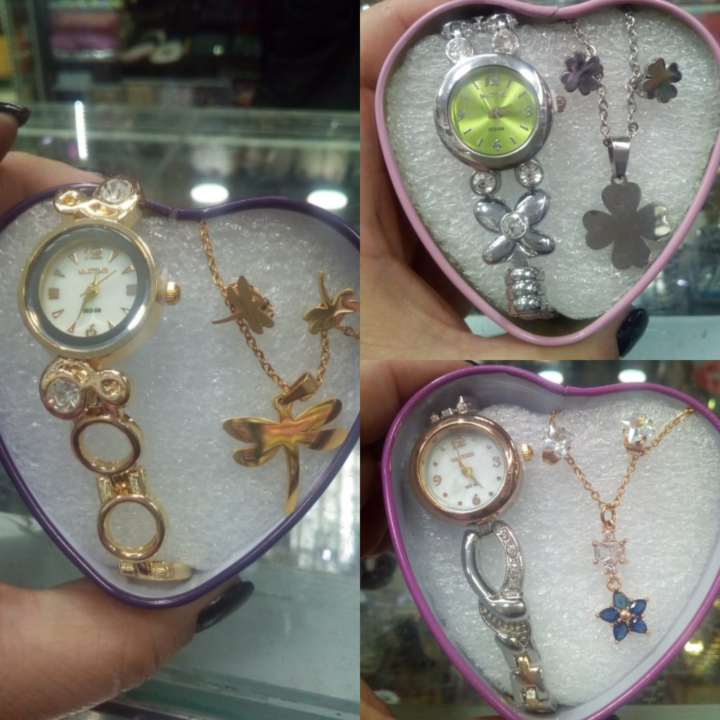 Juego de acero reloj, aretes y collar