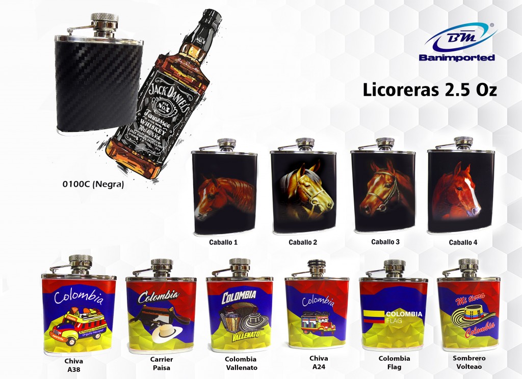 Licoreras en Acero Inoxidable, figuras Colombianas, Figuras de Caballos 2.5 Onzas