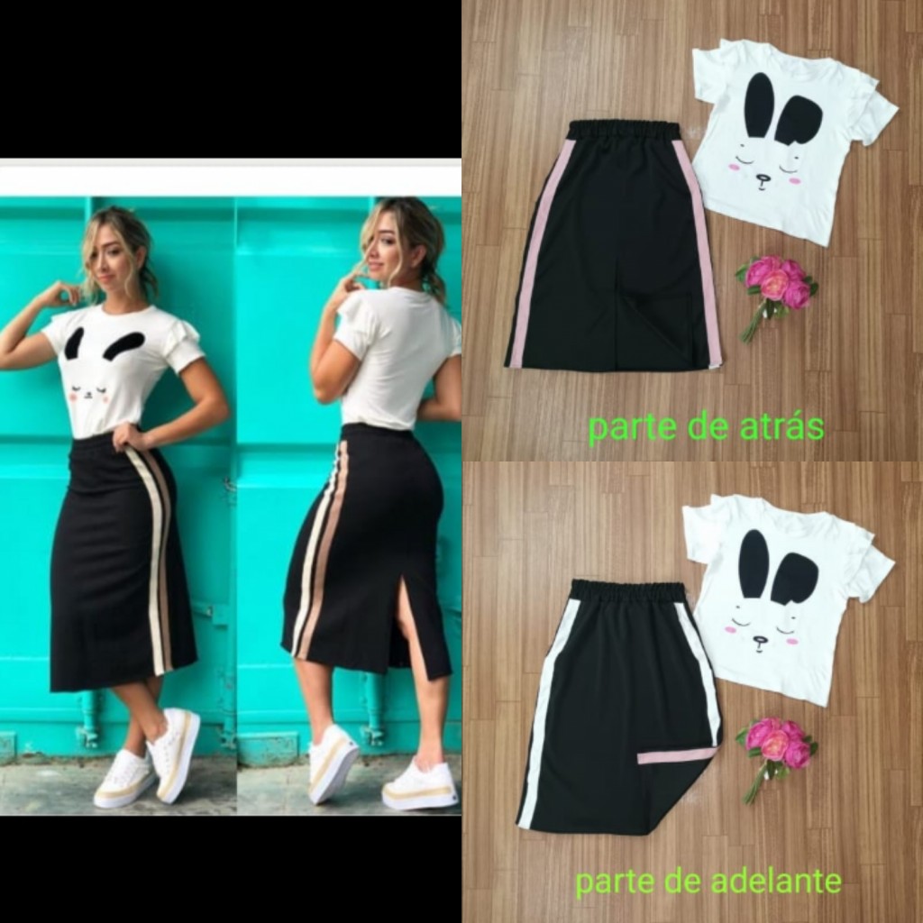 Conjunto falda en escuba y blusa en almond sublimado dama