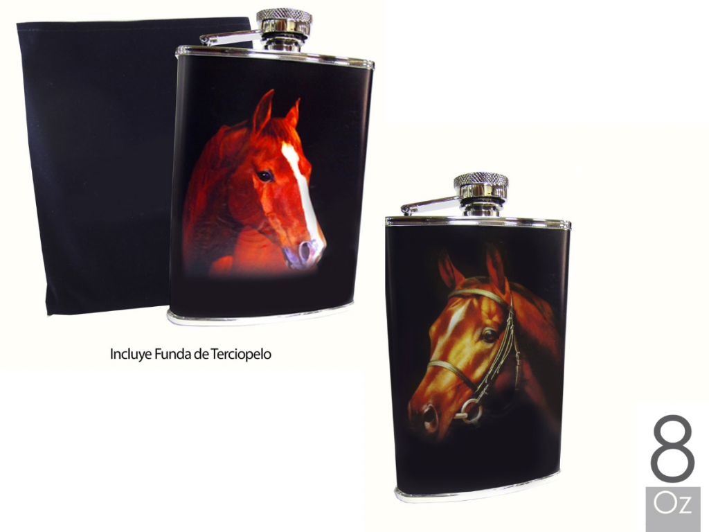 Licorera En Acero Inoxidable, 4 Figuras de Caballos, 1/4 de botella, Resistentes