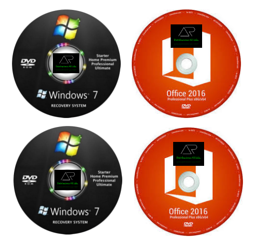 Combo DVD Windows 7 de 32 y 64 bits más DVD Office 2016 de 32 y 64 bits con su activador de producto y marca.