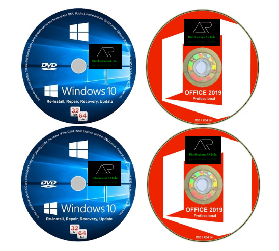 Combo DVD Windows 10 de 32 y 64 bits más DVD Office 2019 profesional de 32 y 64 bits con su activador
