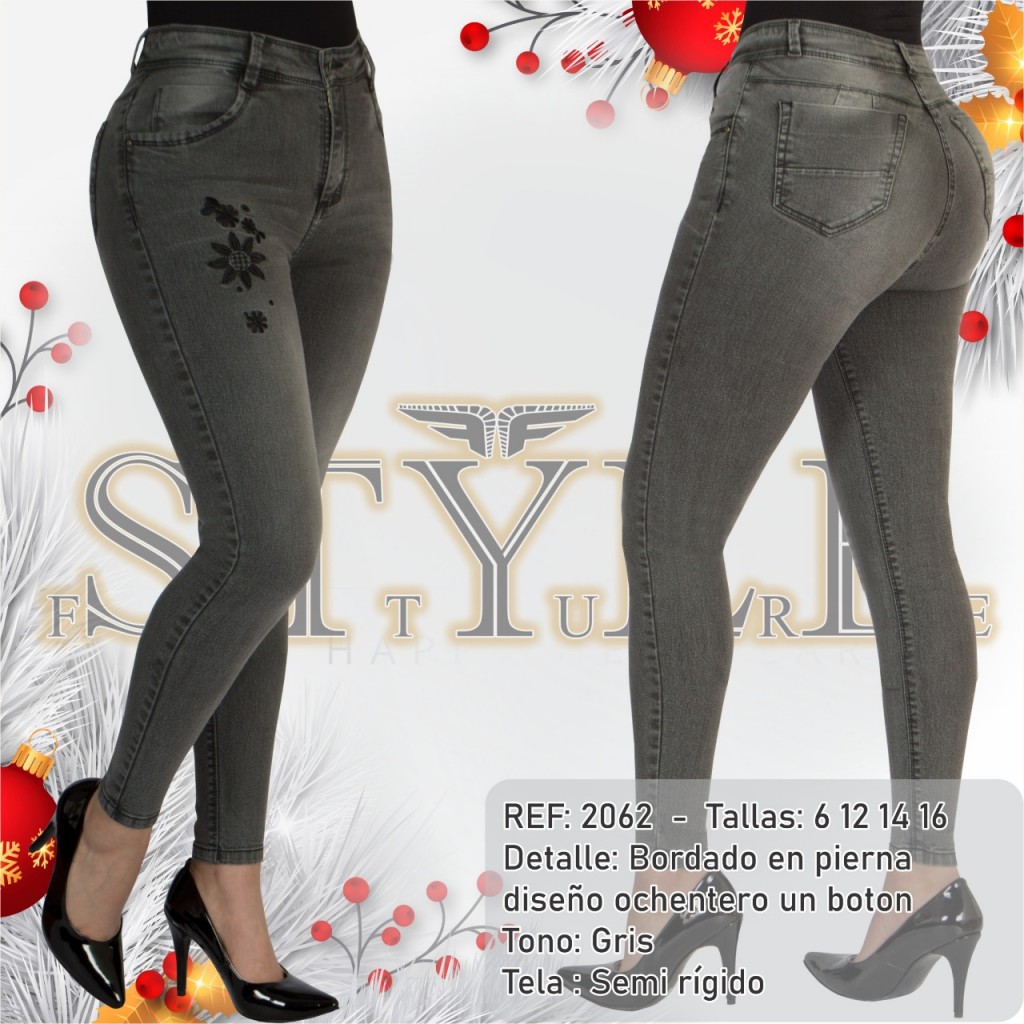 Jeans para dama, ref. 2062 / linea premiun –  Jean gris con bordado en la pierna.