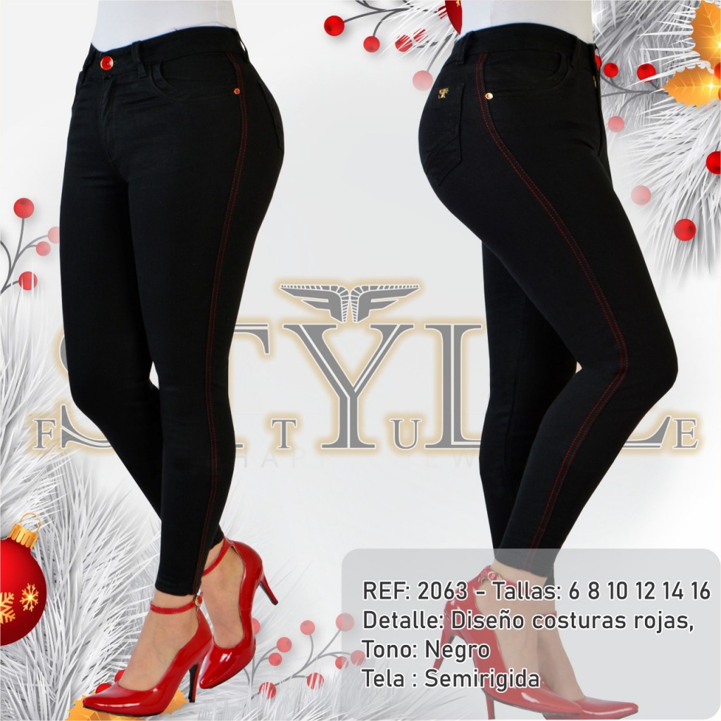Jeans para dama, ref. 2063 / linea premiun – Ochentero clásico negro con lineas rojas.