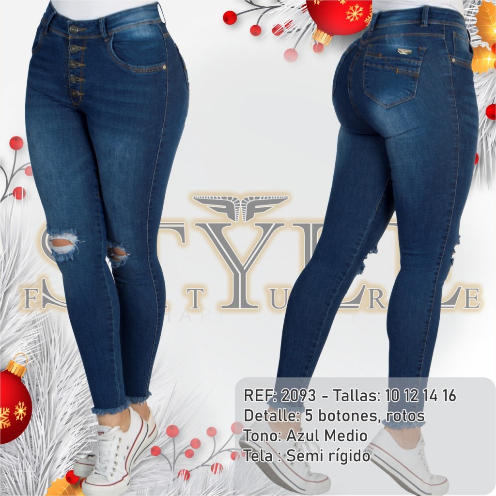 Jeans para dama 5 botones, ref. 2093 / linea premiun – Azul medio, roto en las rodillas.