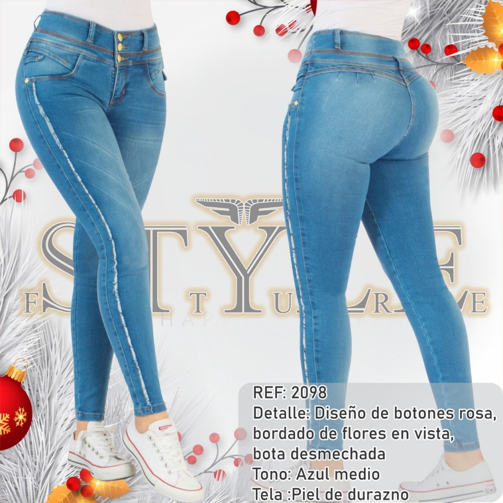 Jeans para dama, ref. 2098 / linea premiun – Tono azul medio, botones rosa y desmechado
