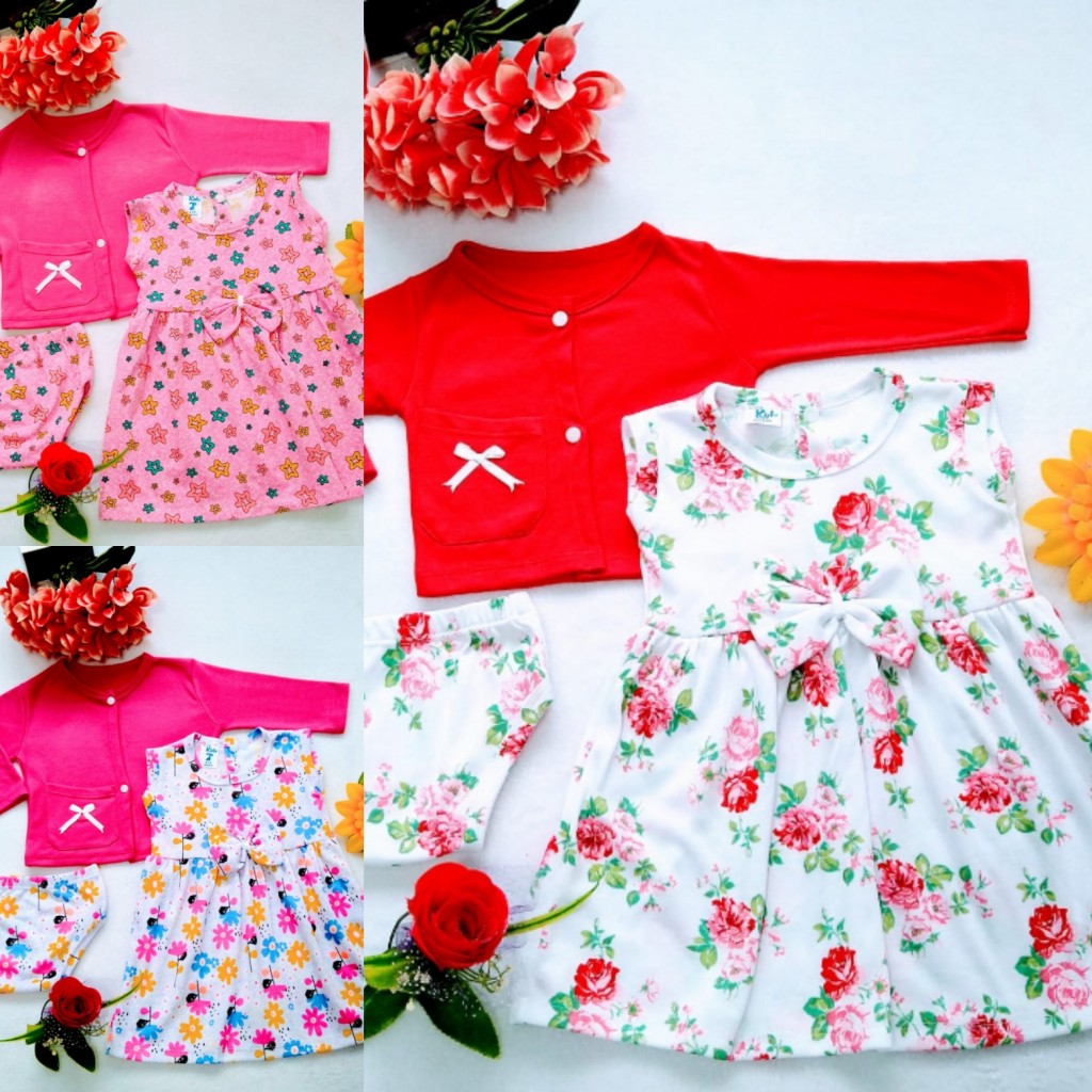 Conjunto vestido, saquito y panty para bebe de 6 a 12 meses