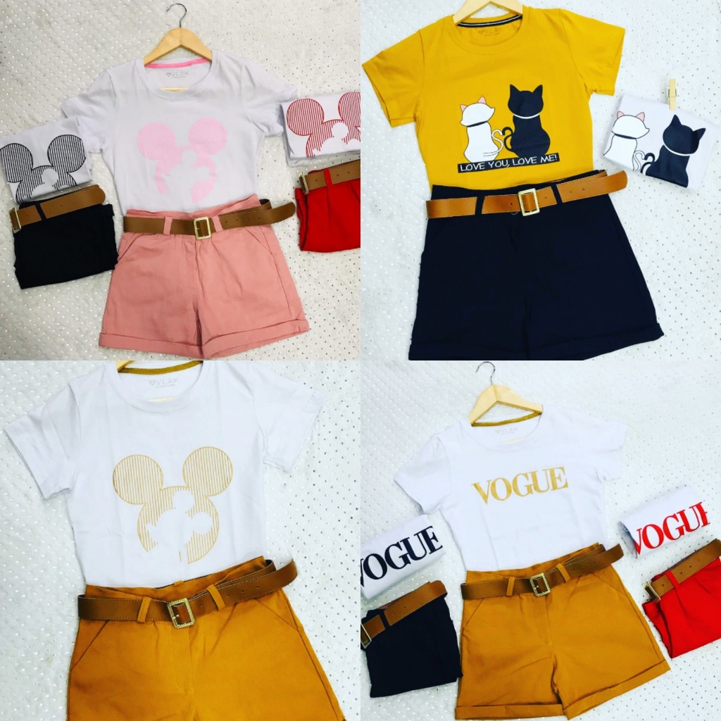 Conjunto dama short en dril con cinturón + camiseta en algodón
