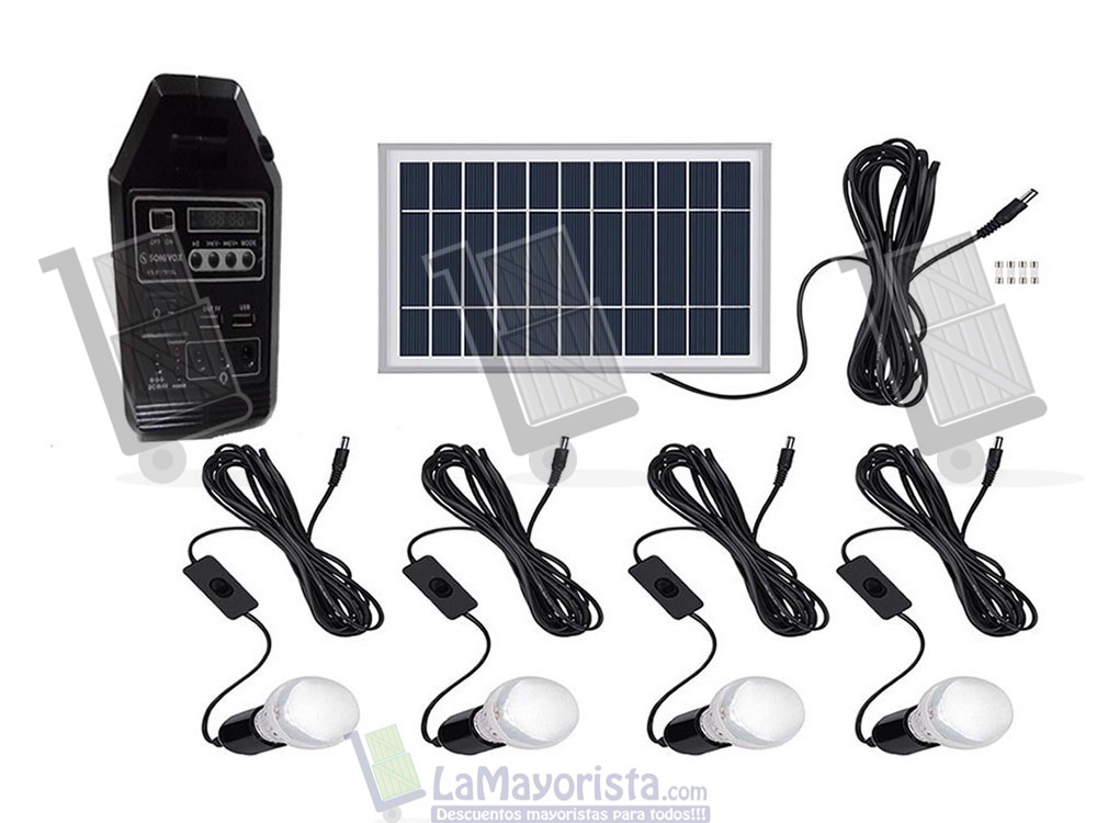 Kit Solar 4 Bombillos Radio Fm mp3 bluetooth memoria USB & SD Linterna