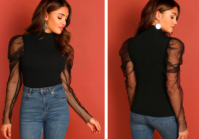 Top de cuello alto de manga gigot con malla Talla M cod 48
