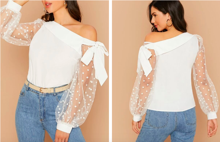 Top de manga con malla de cuello asimétrico con nudo Talla S cod 25