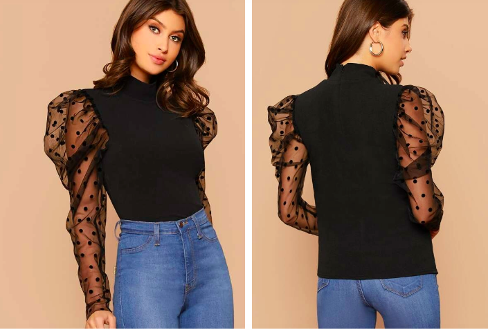 Top delgado de cuello alto de manga gigot con malla Talla S cod 47