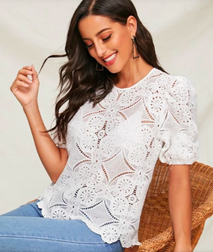 Top con encaje de manga farol sin sujetador Talla M cod 93