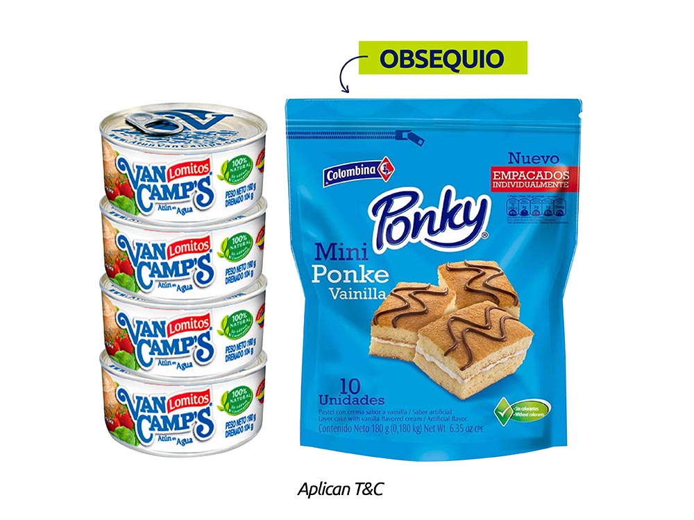 4 Latas de atun van camps agua x160  gratis Mini ponke vainilla x10