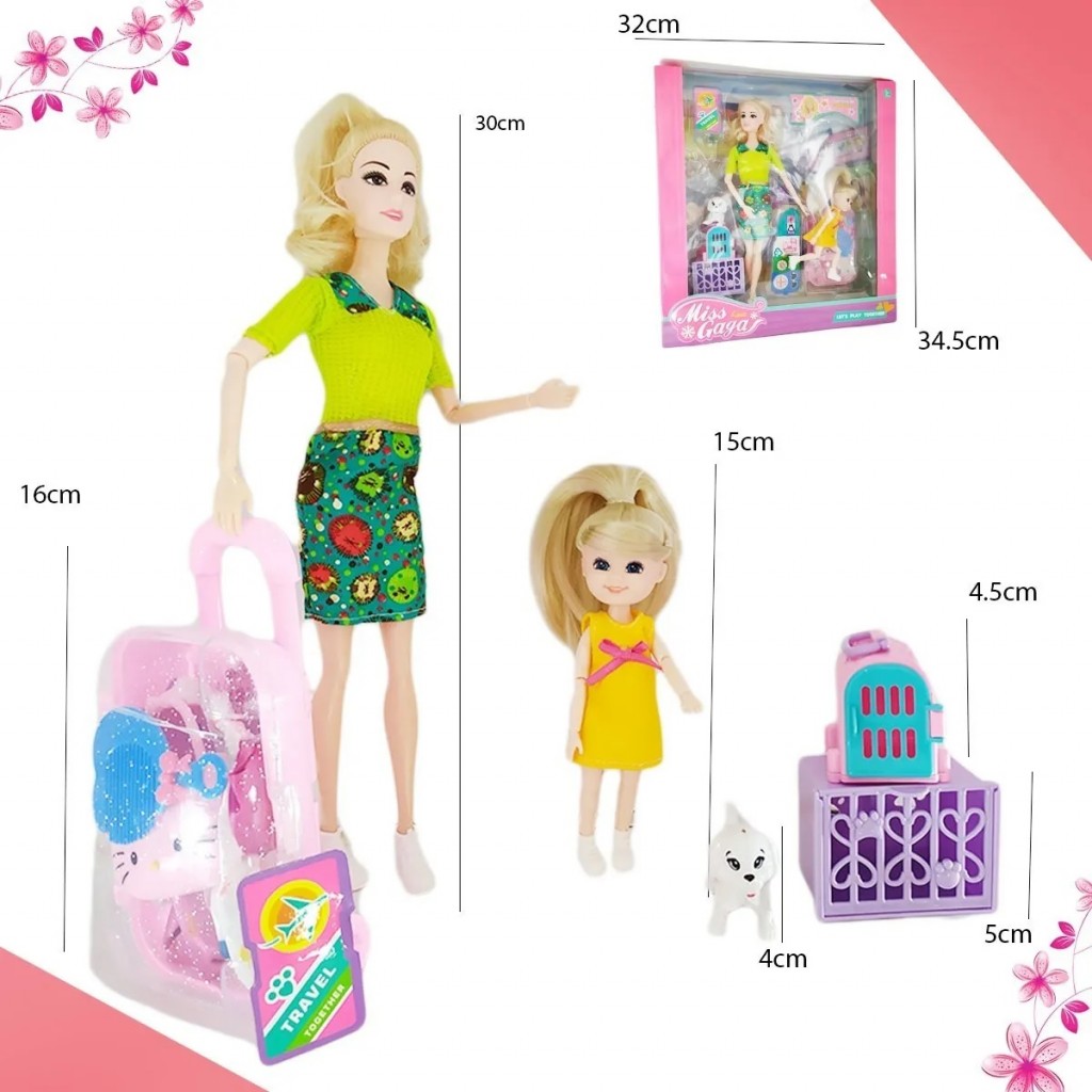 Muñeca Tipo Barbie Accesorios Mascotas Viaje Juguetes