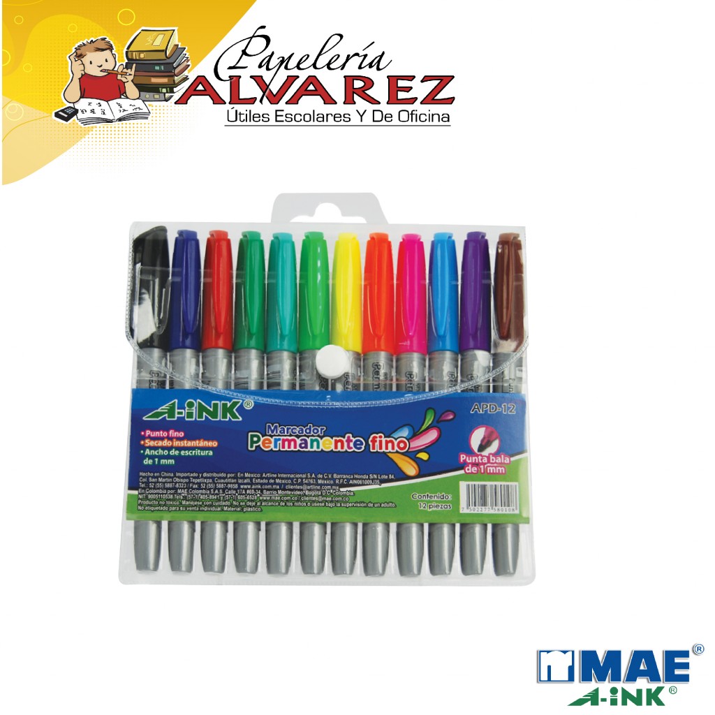 MARCADOR A-INK PERMANENTE DELGADO X 12