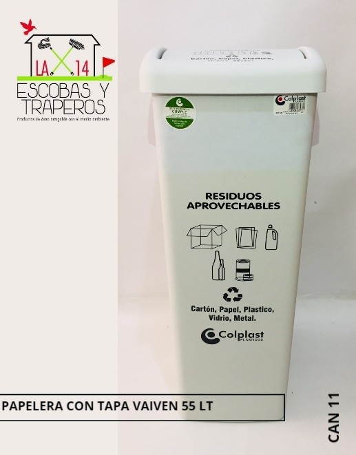PAPELERA CON TAPA VAIVEN 55 LITROS COLOR BLANCA