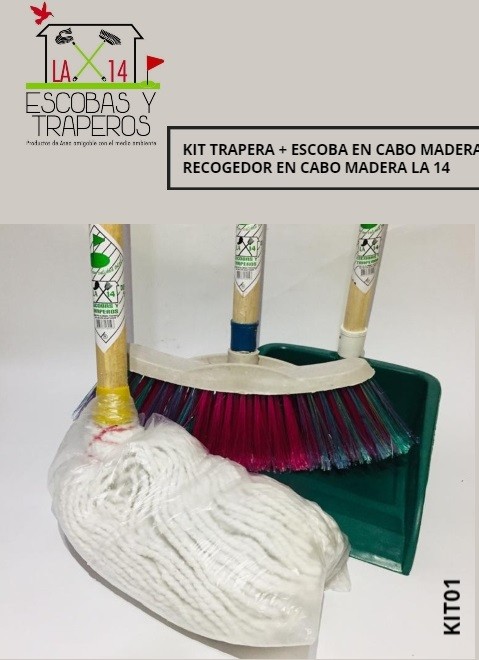 KIT TRAPERA + ESCOBA EN CABO MADERA + RECOGEDOR EN CABO MADERA LA 14