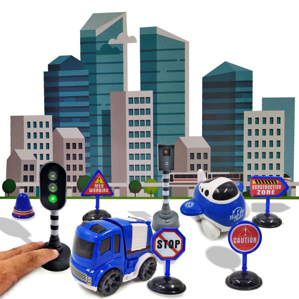 SET VEHÍCULOS SEÑALES TRANSITO JUGUETE CARROS JUGUETERÍA LUZ