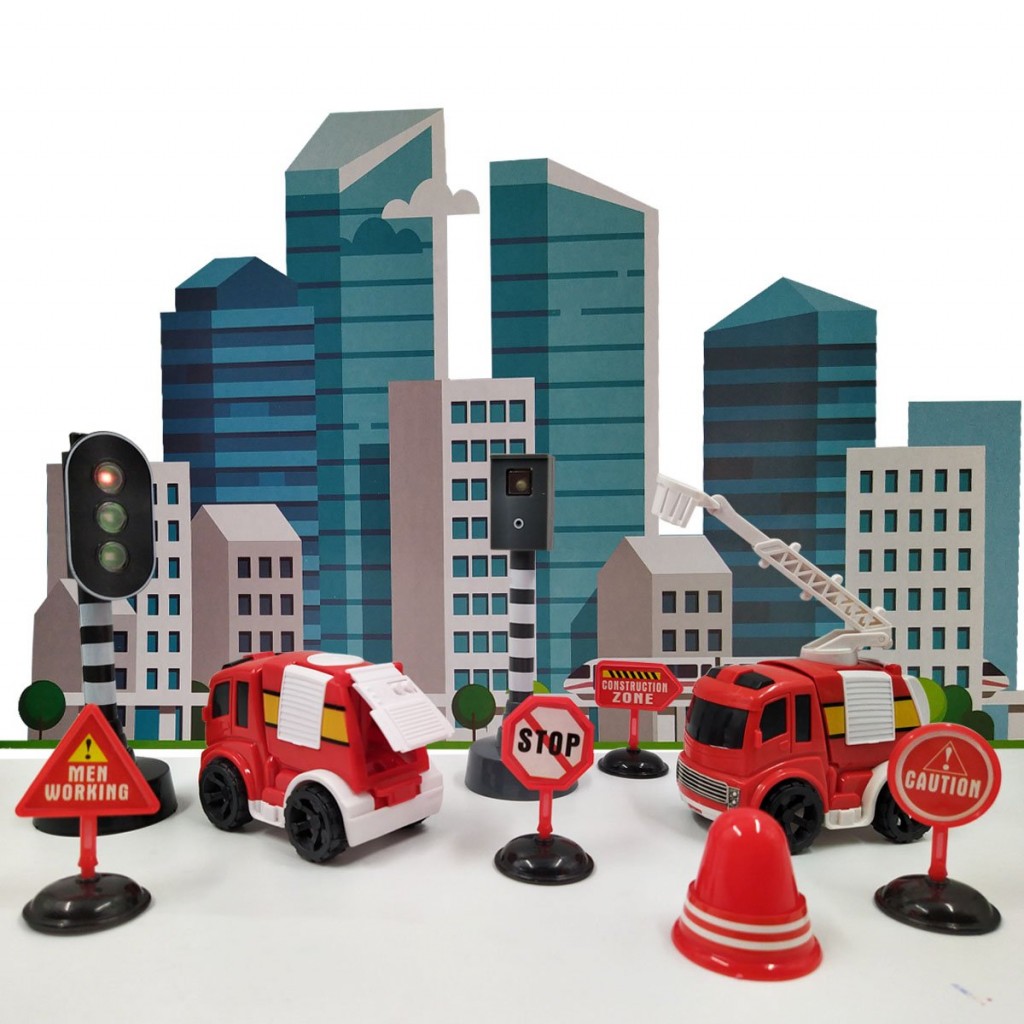 SET VEHÍCULOS BOMBEROS SEÑALES TRANSITO JUGUETE CARROS JUGUETERÍA LUZ