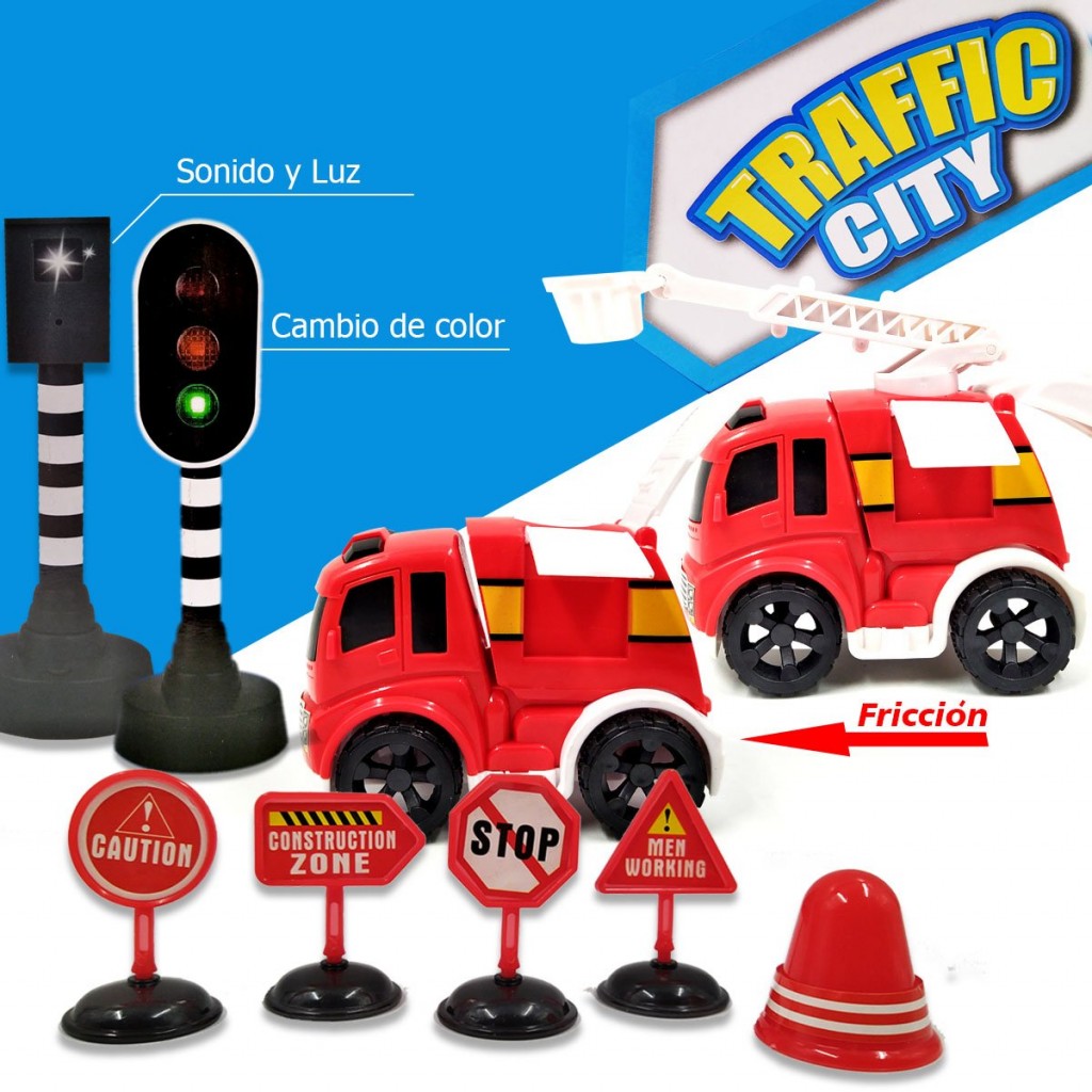 SET VEHÍCULOS BOMBEROS SEÑALES TRANSITO JUGUETE CARROS JUGUETERÍA LUZ