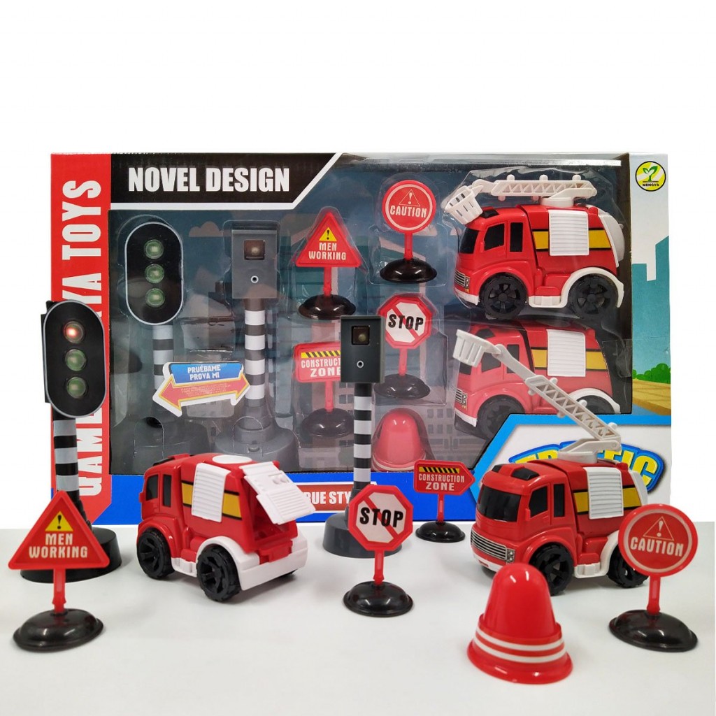 SET VEHÍCULOS BOMBEROS SEÑALES TRANSITO JUGUETE CARROS JUGUETERÍA LUZ