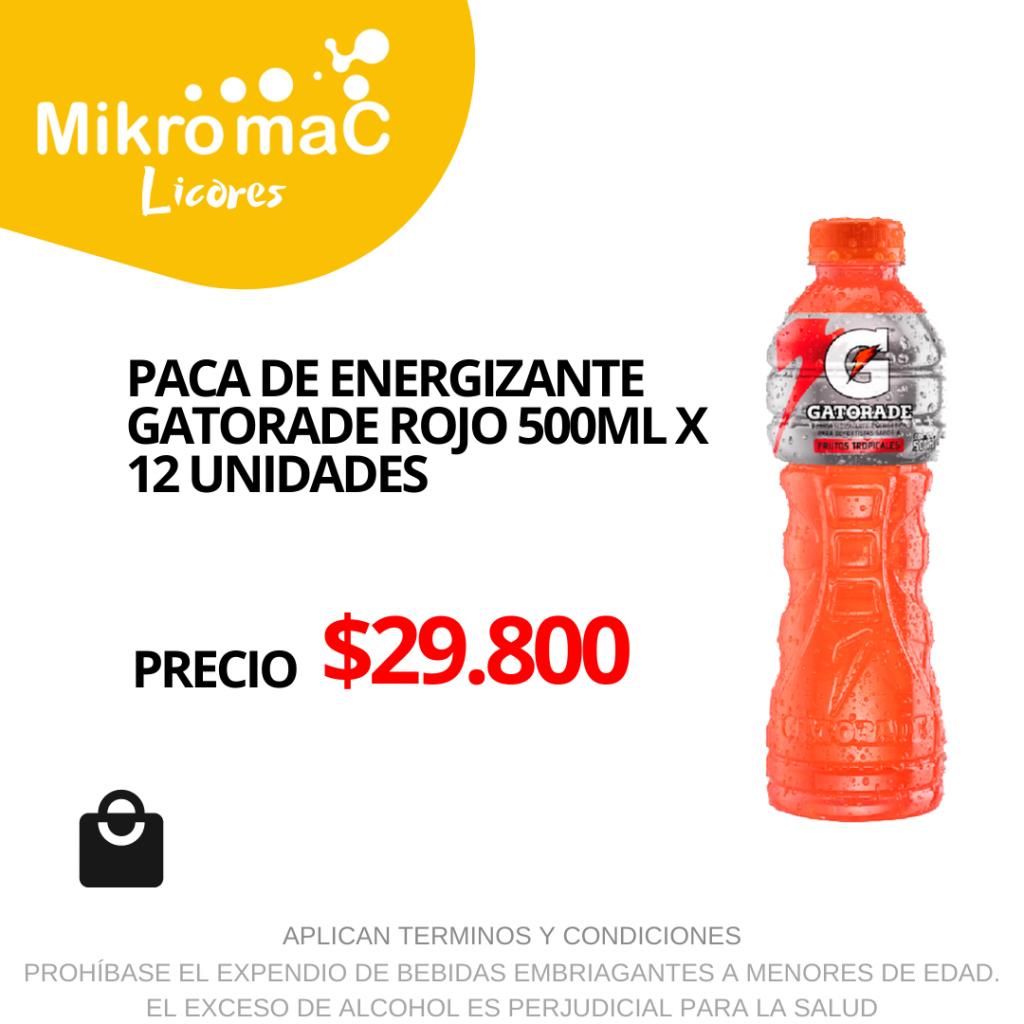 Paca de gatorade rojo x 12 unidades x 500ml