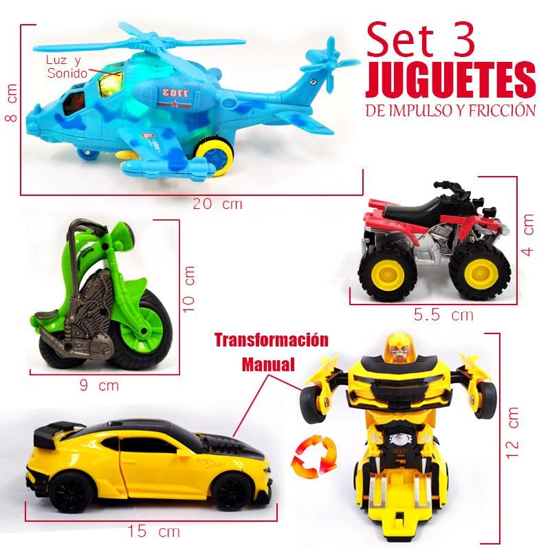 VEHÍCULOS JUGUETES FRICCIÓN SET 3 NIÑOS TRANSFORMERS HELICÓPTERO