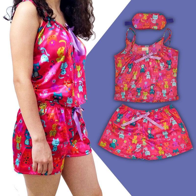 PIJAMA MUJER CONJUNTO BLUSA y SHORT CUBRE OJOS