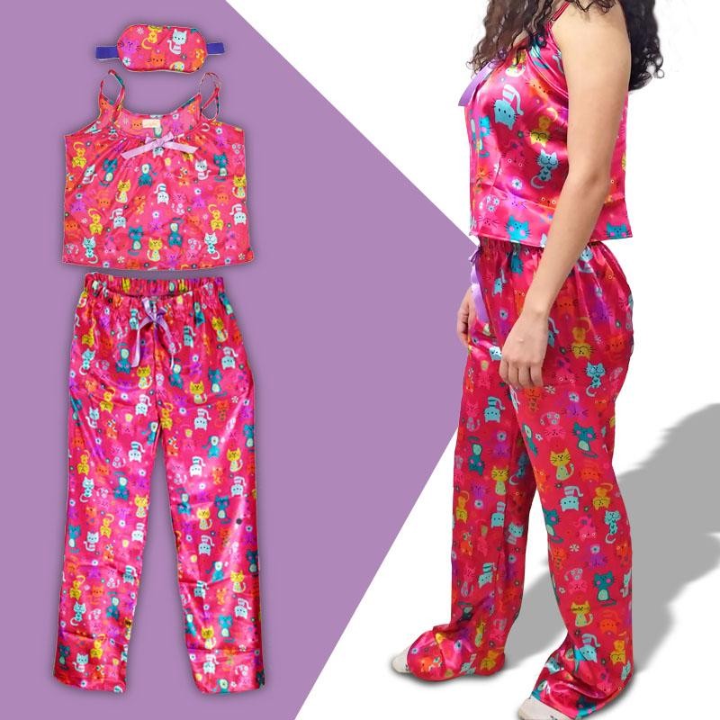 PIJAMA MUJER CONJUNTO BLUSA PANTALÓN + CUBRE OJOS DAMA