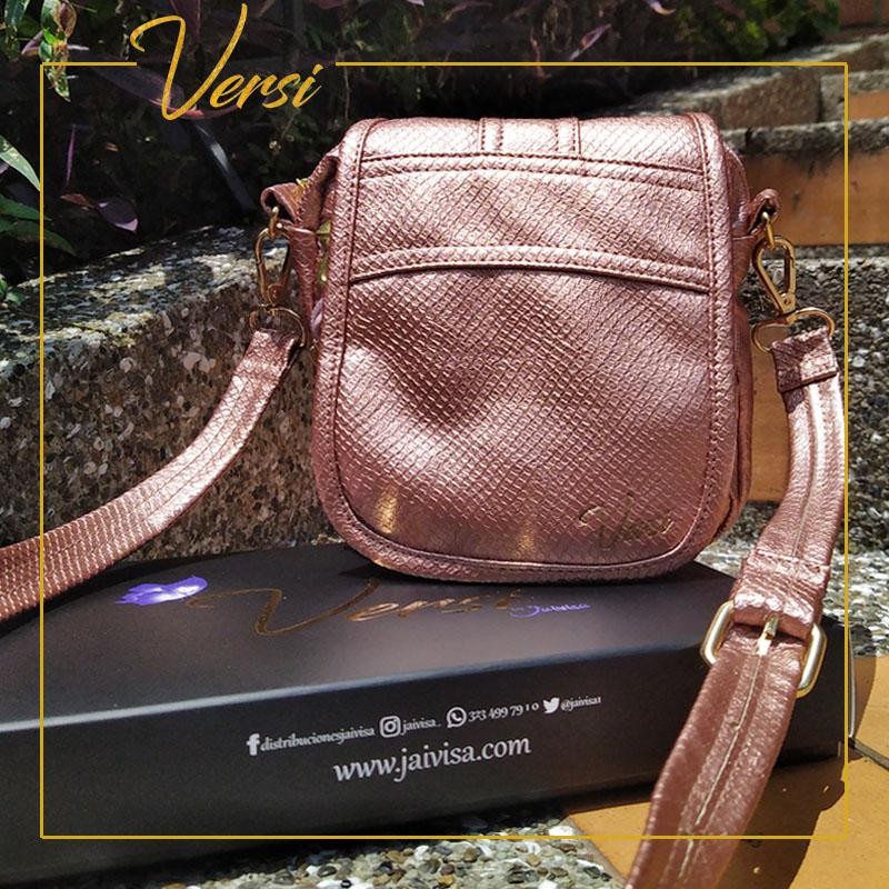 BOLSO ENZO  VERSI DISEÑO TIPO CARTERA CARRIEL ORO ROSA CORRUGADO FEMENINO MODA