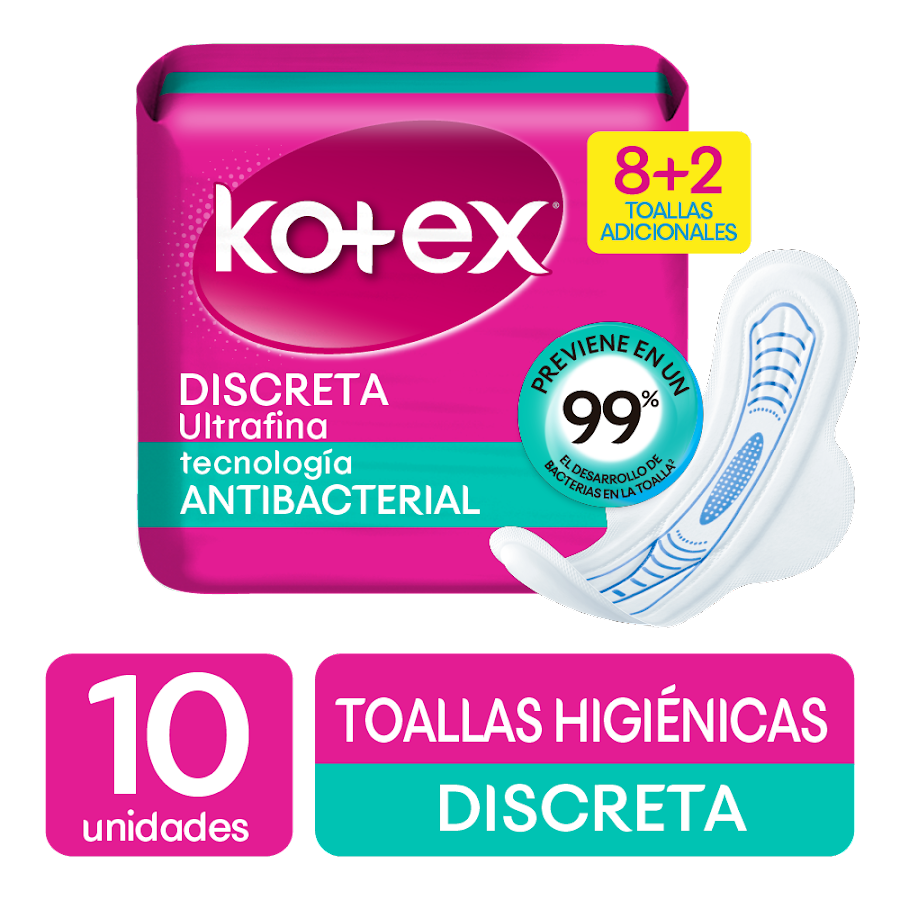 Toalla femenina Kotex ultrafina antibacteral 8 unidades+2 Adicionales