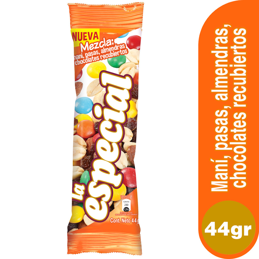 MANI LA ESPECIAL MEZCLA MANI. PASAS. ALMENDRAS Y CHOCOLATE X 44 GR