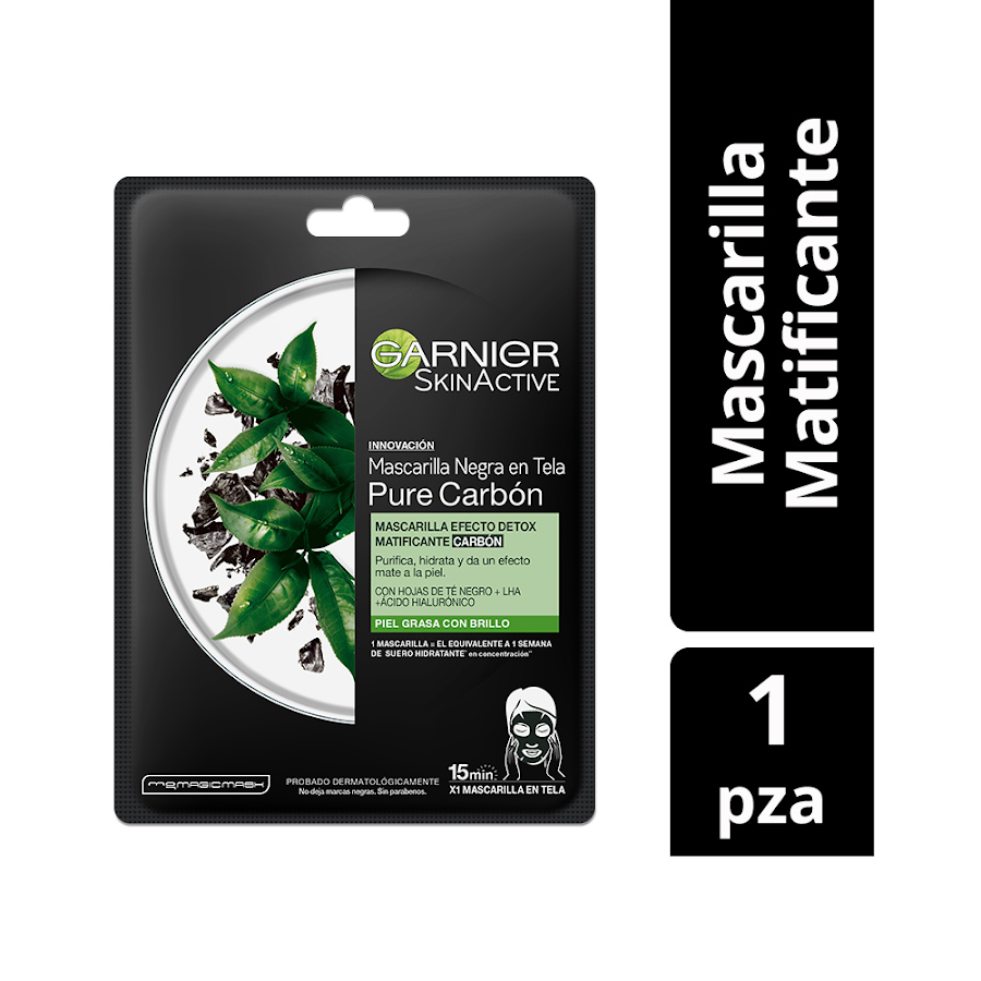 Mascarilla Negra Garnier Skin Active en Tela Carbon y té Negro Sachet x 1Uni