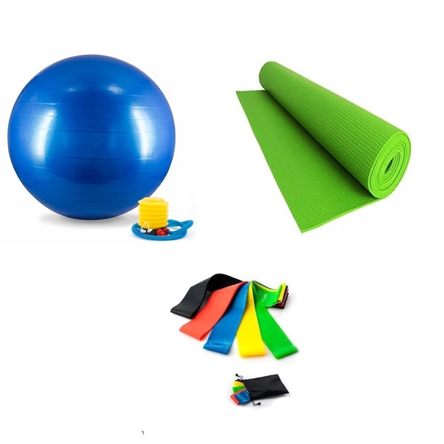 Kit Yoga Deportivo Colchoneta Verde de 6mm + Balón de Pilates Azul con Inflador 55cm + Set Bandas Elásticas x5 niveles