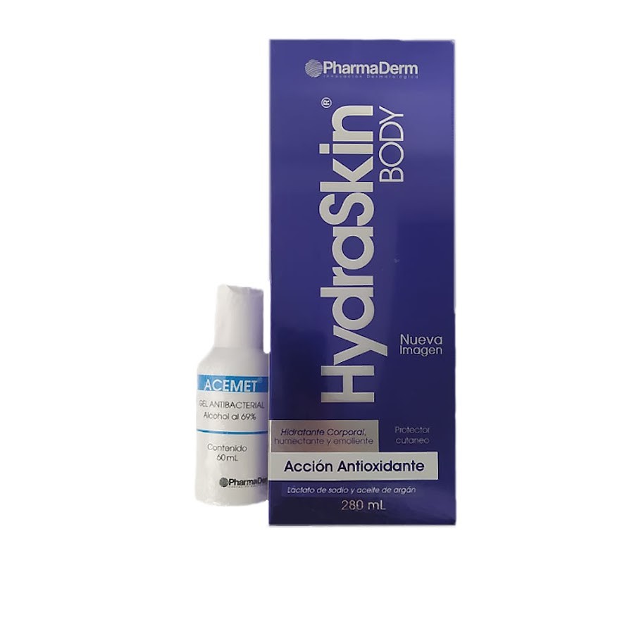 $Crema Hydraskin Body Hidratante x280Ml + Gel Antibacterial Acemet x 60Ml