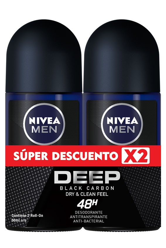 $Oferta Desodorante Nivea Men Deep Black Carbon Roll-On x 2Uni/50Ml c/u