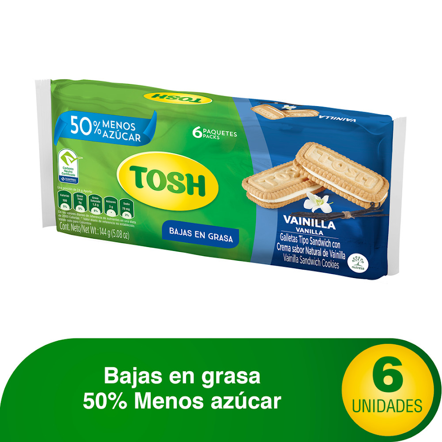 Galletas TOSH Sandwich con Crema Sabor a Vainilla x6Paq. X149g.