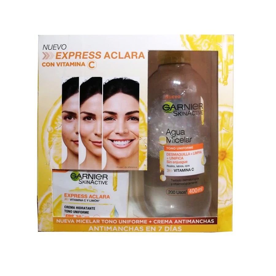 $Kit Agua Micelar Garnier x 400ml + Crema Garnier Aclara Fps 30 x 50ml