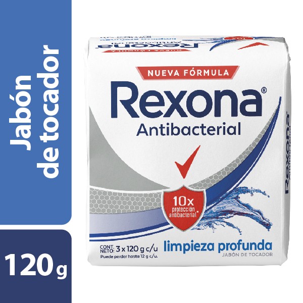 Jabón Rexona en Barra Antibacterial Limpieza Profunda 10 Veces mas protección Pack x 3Uni de 120Gr c/u