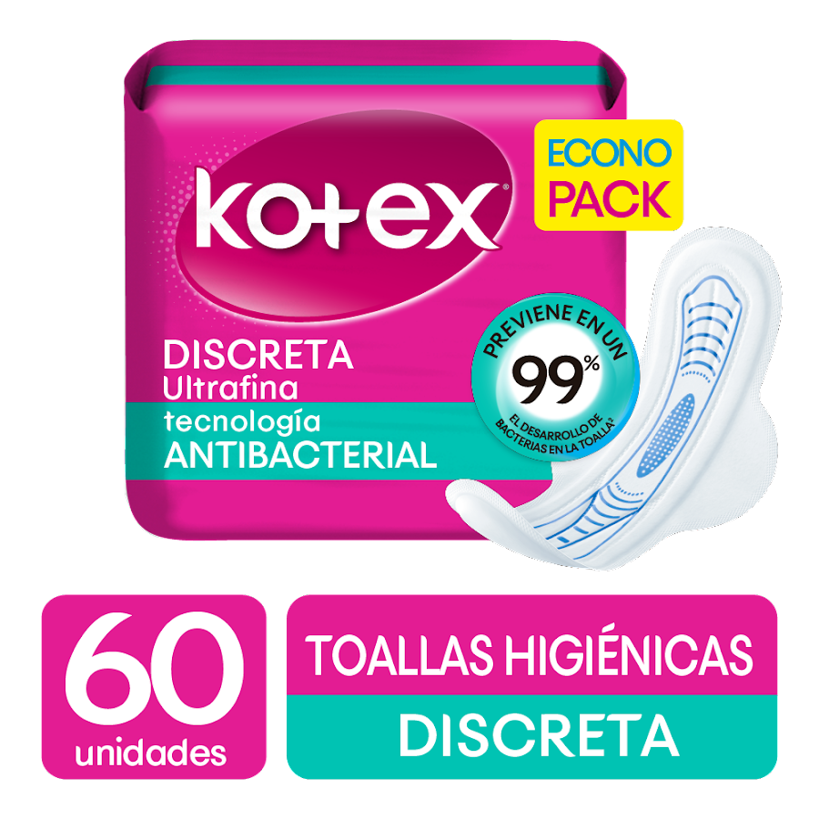 Toallas Higiénicas Intimas Kotex Discreta Ultrafina con Alas x 60Uni
