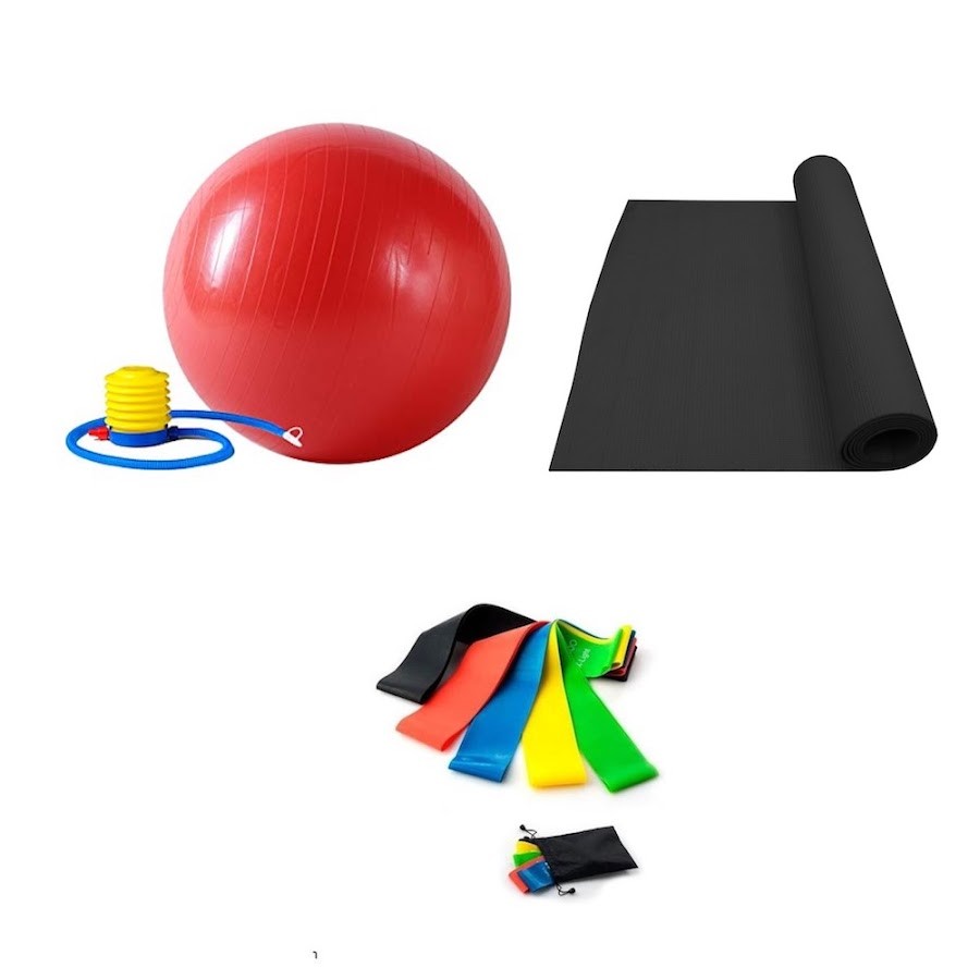 Kit Yoga Deportivo Colchoneta Negra de 6mm + Balón de Pilates Rojo con Inflador 55cm + Set Bandas Elásticas x5 niveles