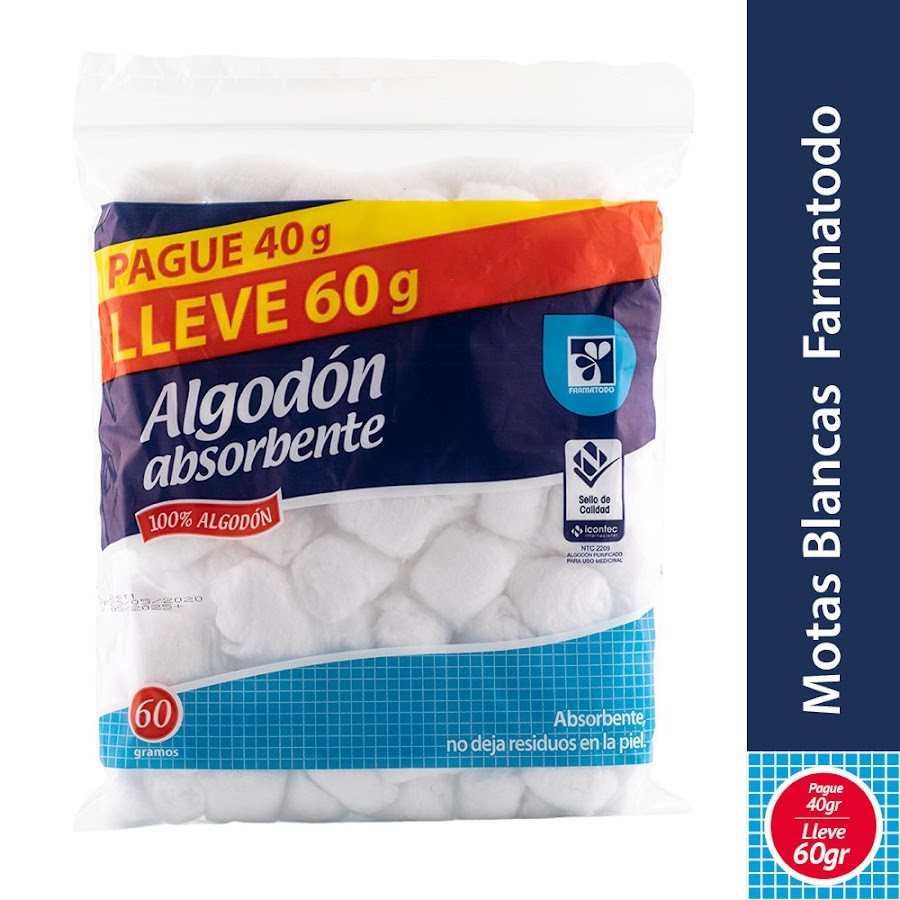 Oferta Algodón Farmatodo Absorbente Pomos X60G. Pague 40G. Lleve 60G.