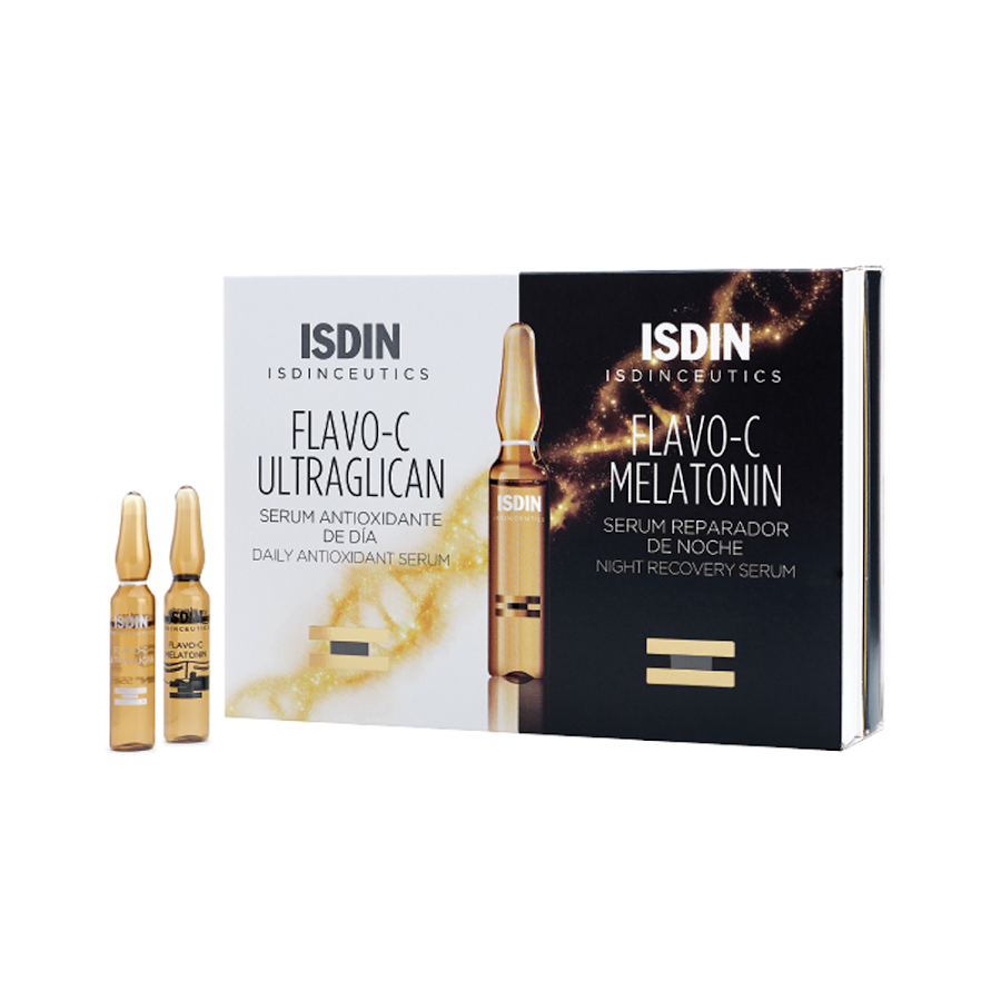 Serum Isdin Antioxidante de Día Flavo-C Ultraglican Y de Noche Melatonin Caja x 20 Ampolletas
