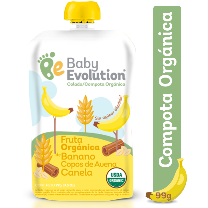 Compota/Colado Organica  Baby Evolution Fruta de Banano, Copos de Avena, Canela x 99Gr